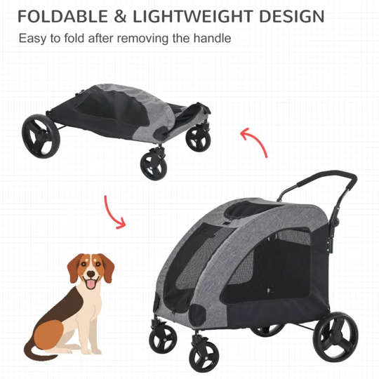 Pet stroller with a dog illustration, showing its foldable and lightweight design.