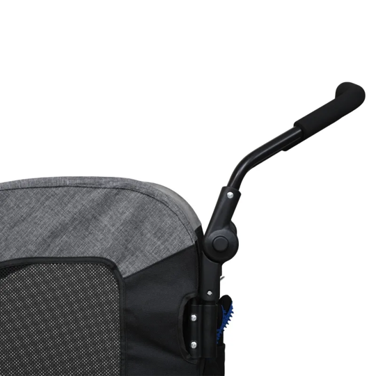 Close-up of a stroller seat with a black handle on a white background