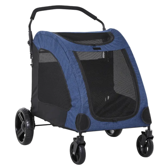 Blue pet stroller with black accents on a white background