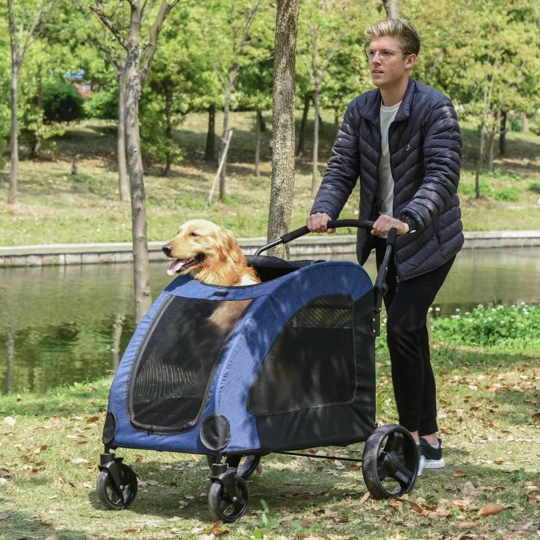 Man pushing a blue pet stroller with a dog in it through a park.