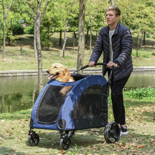 Man pushing a blue pet stroller with a dog in it through a park.