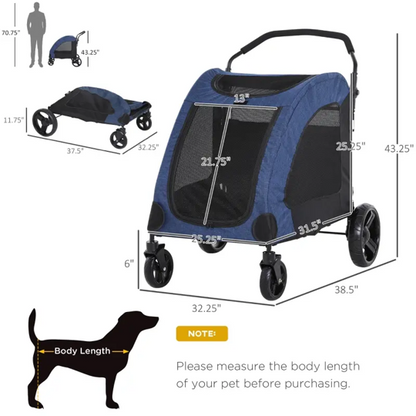 Blue pet stroller with dimensions and a dog silhouette for size reference on a white background.