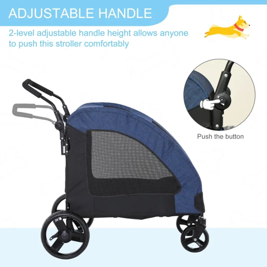 Pet stroller with adjustable handle feature on a white background