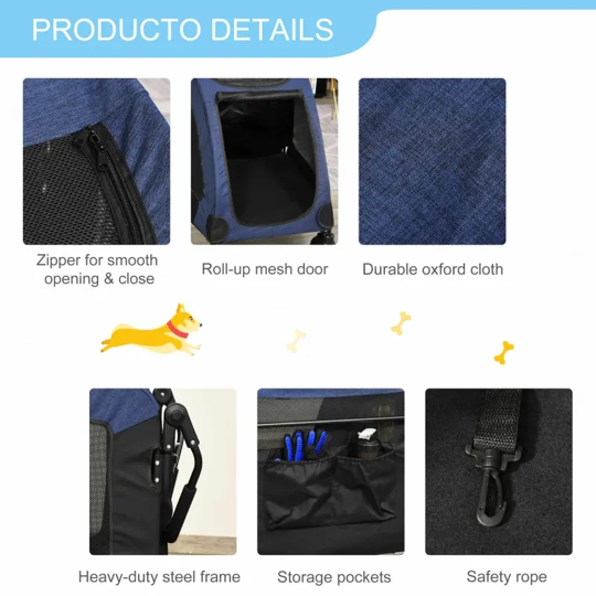 Product details of a pet carrier with features like zipper, mesh door, and safety rope.