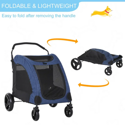 Foldable pet stroller with text indicating it is easy to fold after removing the handle.