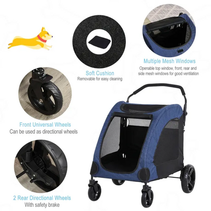 Blue pet stroller with features highlighted on a white background