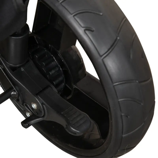 Close-up of a black scooter wheel and suspension on a white background