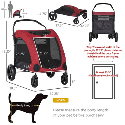 Red and black pet stroller with dimensions and measurements on a white background