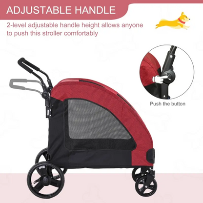 Red and black pet stroller with adjustable handle feature on a light pink background