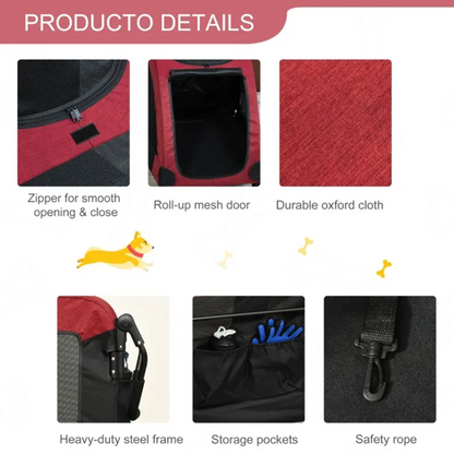 Product details of a red pet carrier with features highlighted.