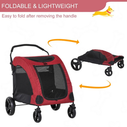 Red and black pet stroller with folding mechanism on a white background