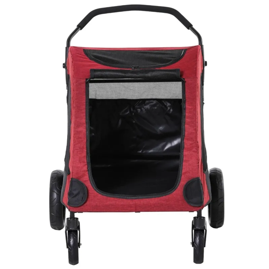 Red pet stroller with black accents on a white background