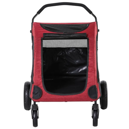 Red pet stroller with black accents on a white background