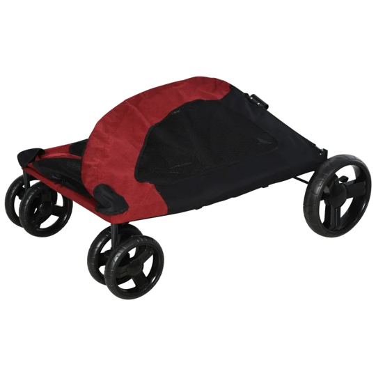 Red and black stroller with four wheels on a white background