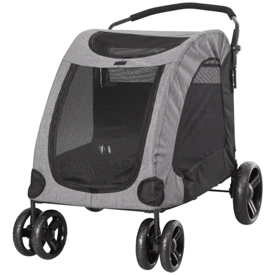 Gray and black pet stroller on a white background