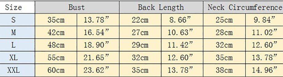 Table displaying clothing measurements for various sizes with columns for Bust, Back Length, Neck Circumference, and additional details.
