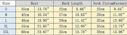 Table displaying clothing measurements for various sizes with columns for Bust, Back Length, Neck Circumference, and additional details.