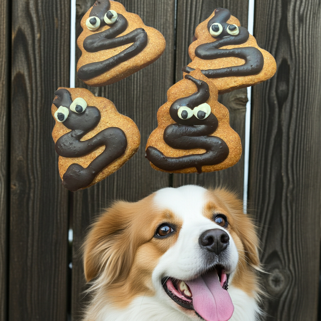 Dog with poop-shaped cookies with chocolate 'feces' and candy eyes on a wooden background