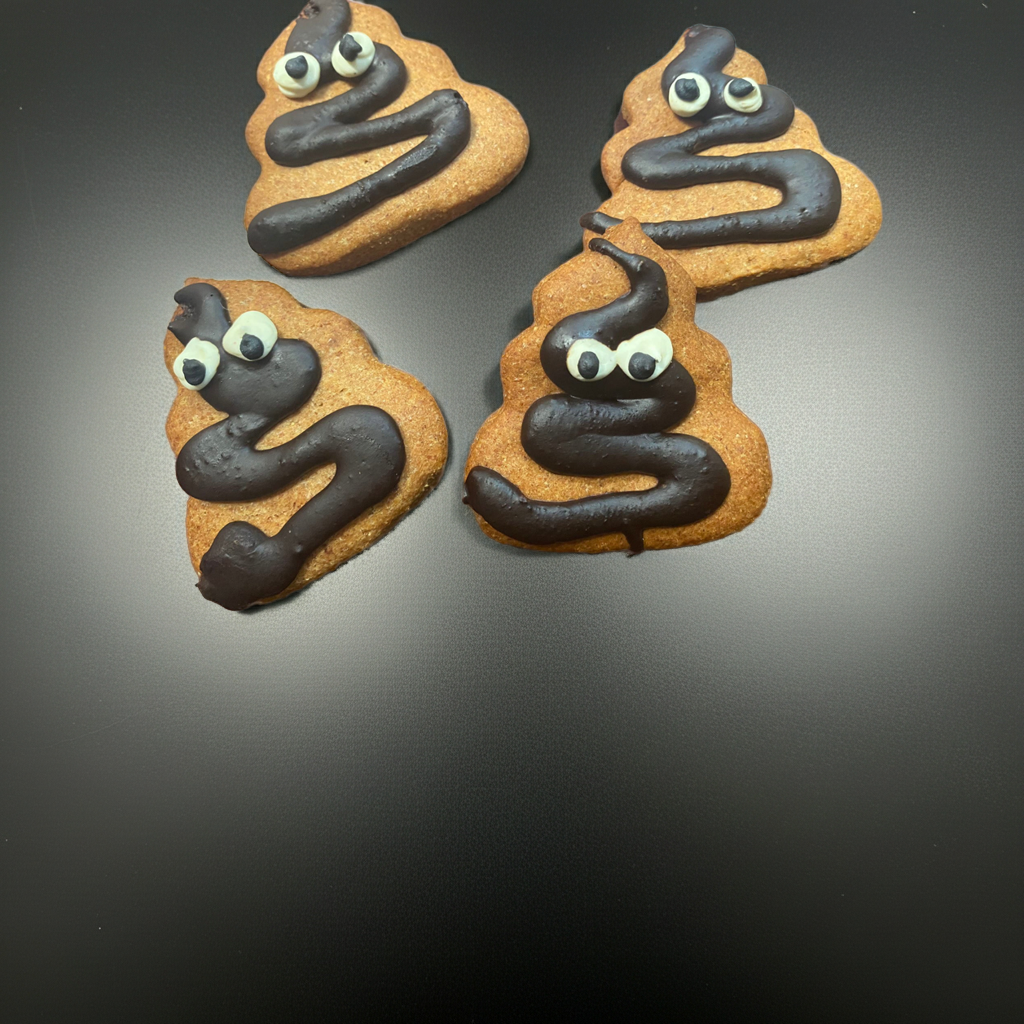 Four cookies shaped like poop with chocolate 'faeces' and candy eyes on a dark background.
