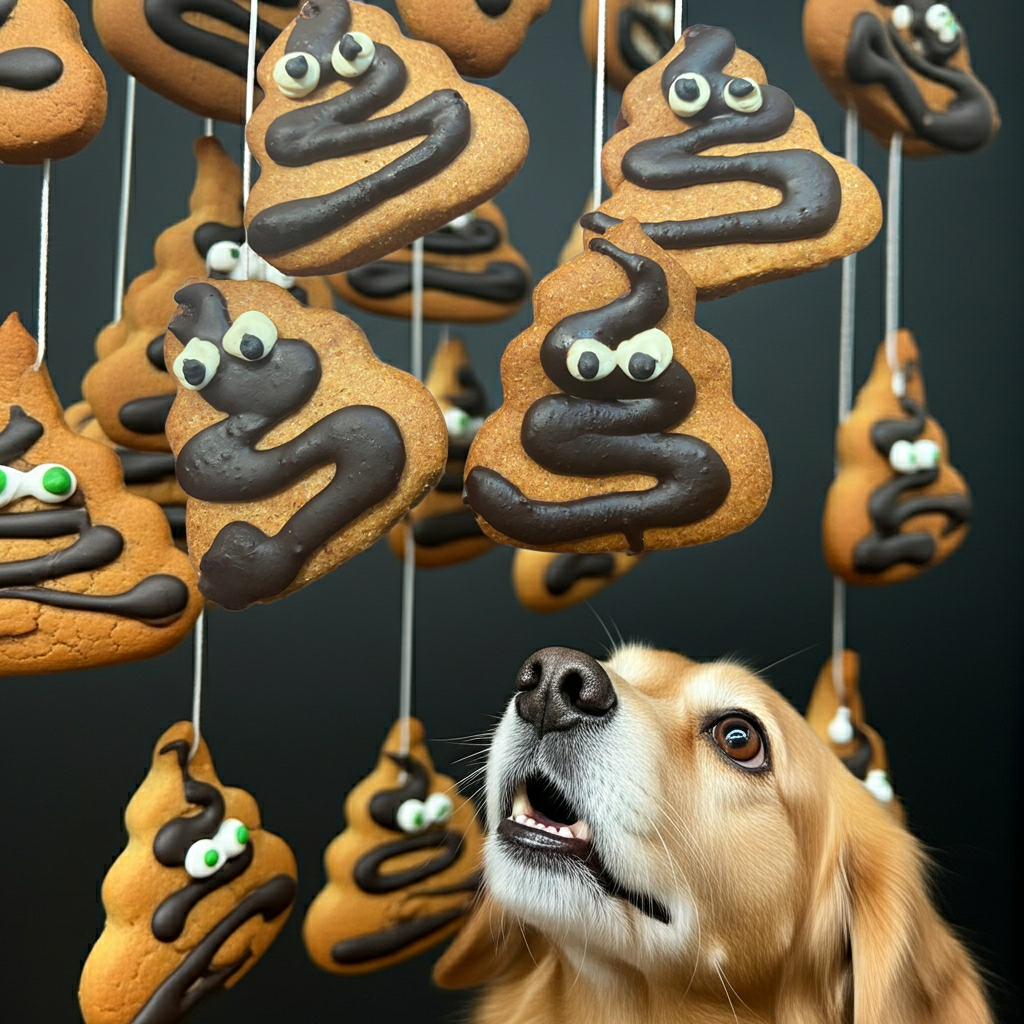 Dog looking at poop-shaped cookies with chocolate 'feces' and candy eyes on a black background