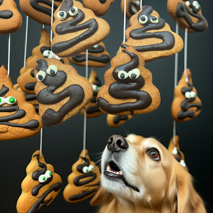Dog looking at poop-shaped cookies with chocolate 'feces' and candy eyes on a black background