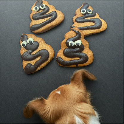 Dog looking at poop-shaped cookies with chocolate 'feces' on a dark background