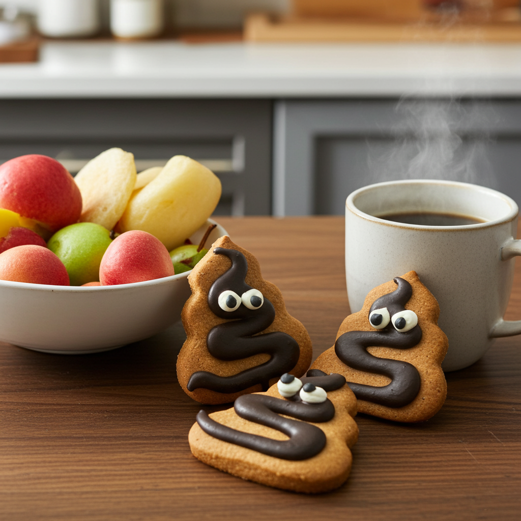 Two cookies shaped like poop with chocolate 'feces' and candy eyes on a kitchen counter with fruit and coffee.
