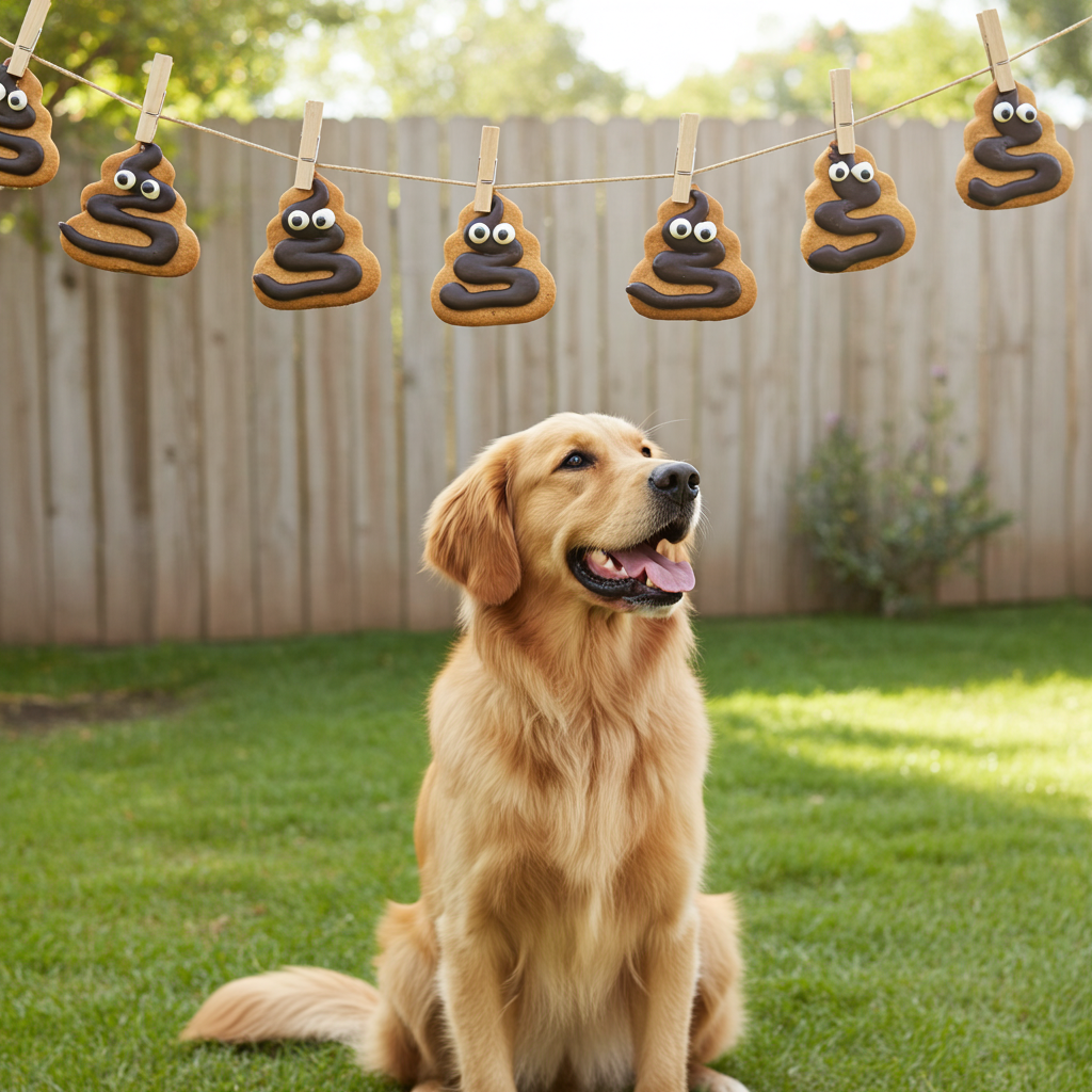 Dog sitting on grass with poop-shaped cookies with faces hanging on a line in the background