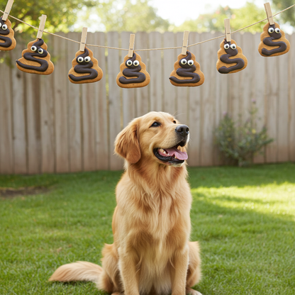 Dog sitting on grass with poop-shaped cookies with faces hanging on a line in the background