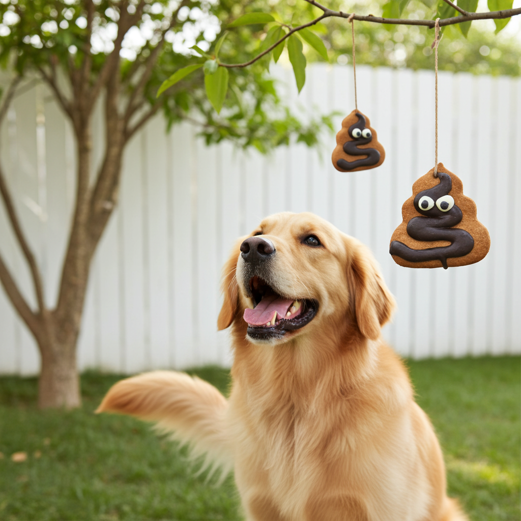 Dog sitting outdoors with two hanging poop-shaped dog toys.