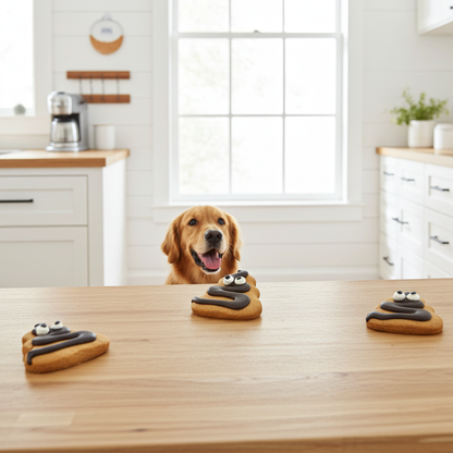 Dog sitting at a kitchen table with three cookie-shaped toys on the surface.