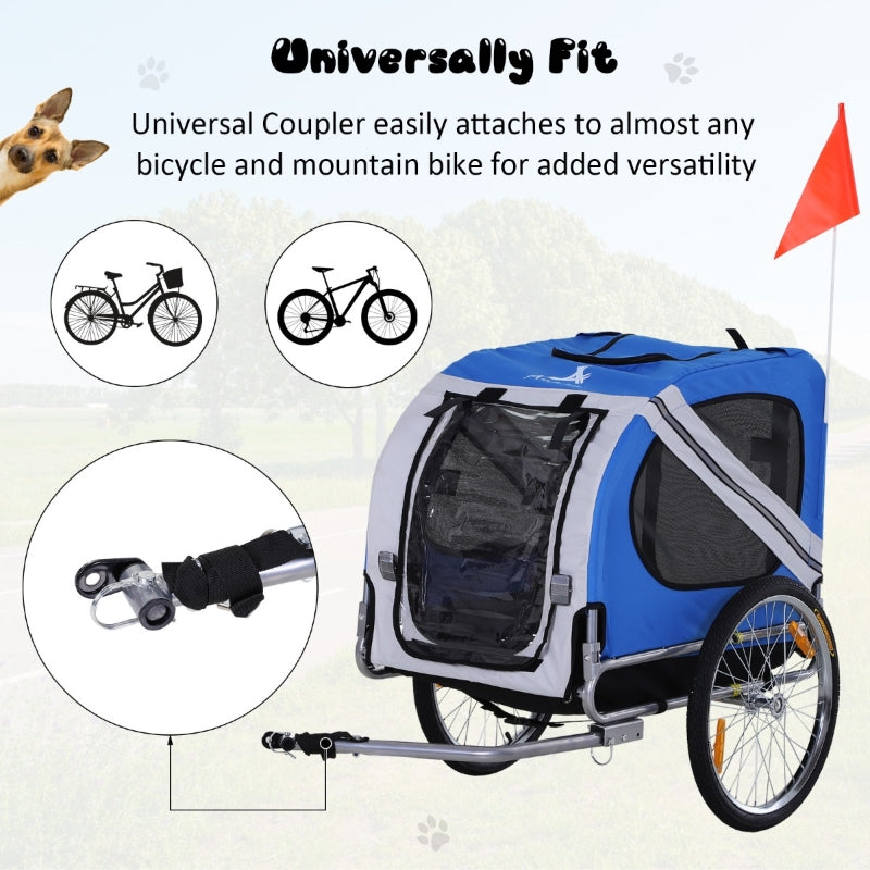 Blue and white bicycle pet trailer with text about universality and attachment versatility.