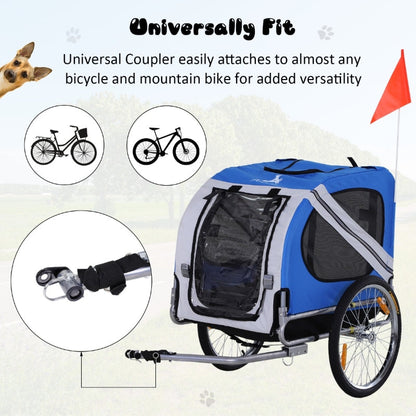Blue and white bicycle pet trailer with text about universality and attachment versatility.