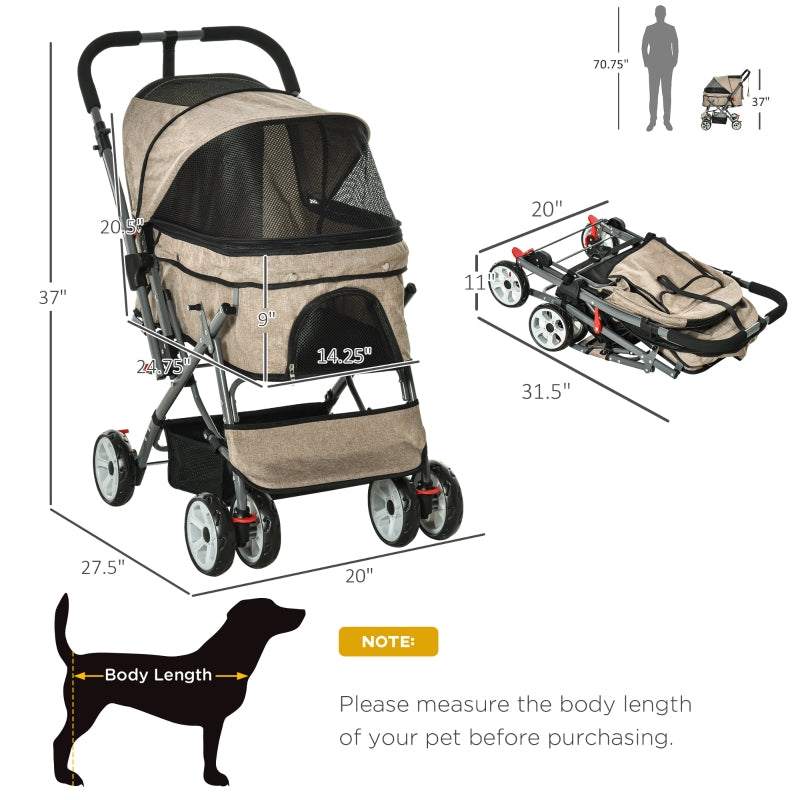 Pet stroller with dimensions and a dog silhouette for scale on a white background