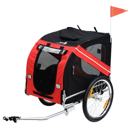 Red and black pet bike trailer with a flag on a white background