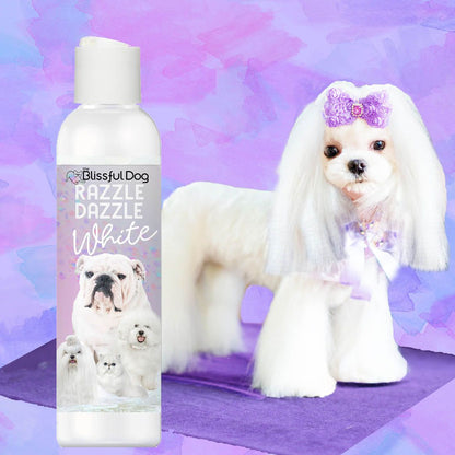 Dog grooming product with a white dog on a purple background