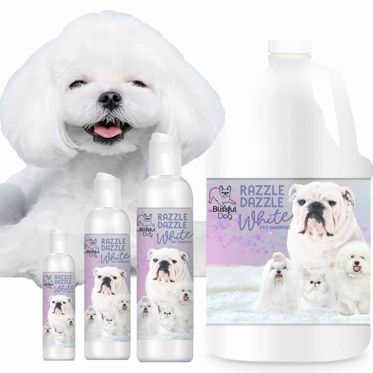 White dog with Razzle Dazzle White pet shampoo bottles and packaging on a white background