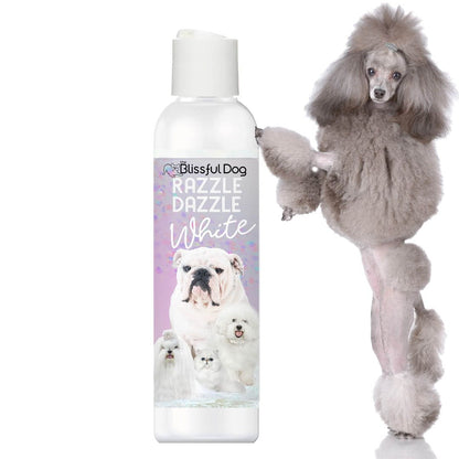 Bottle of 'Blissful Dog Razzle Dazzle White' with a dog model on a white background