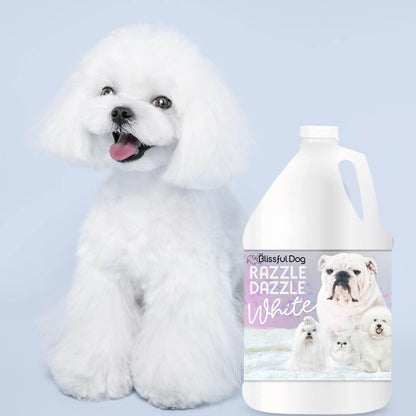 White dog next to a bottle of 'Blissful Dog Razzle Dazzle White' product on a light blue background