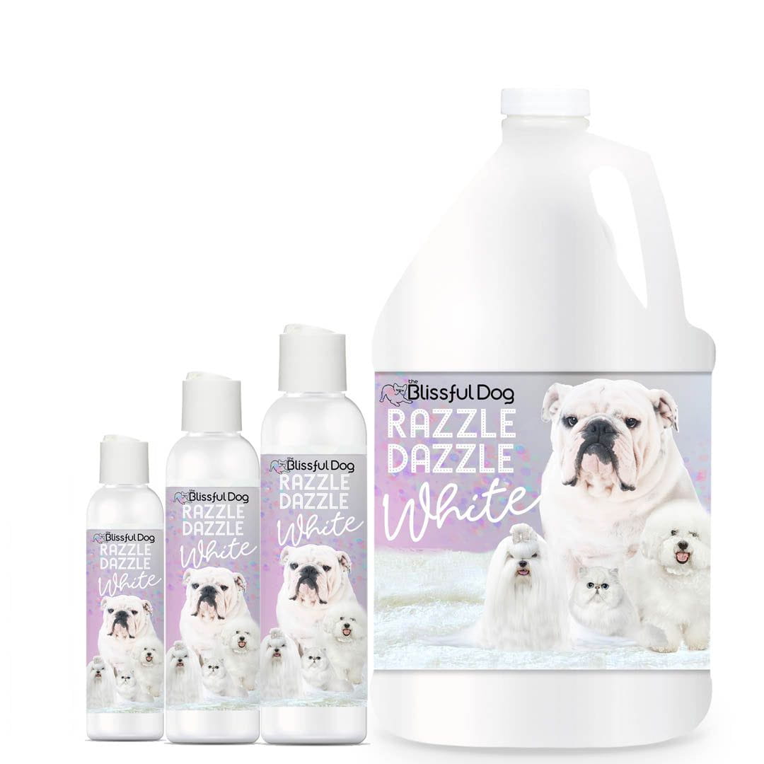 Set of Blissful Dog Razzle Dazzle White pet care products with a large bottle and smaller bottles on a white background.