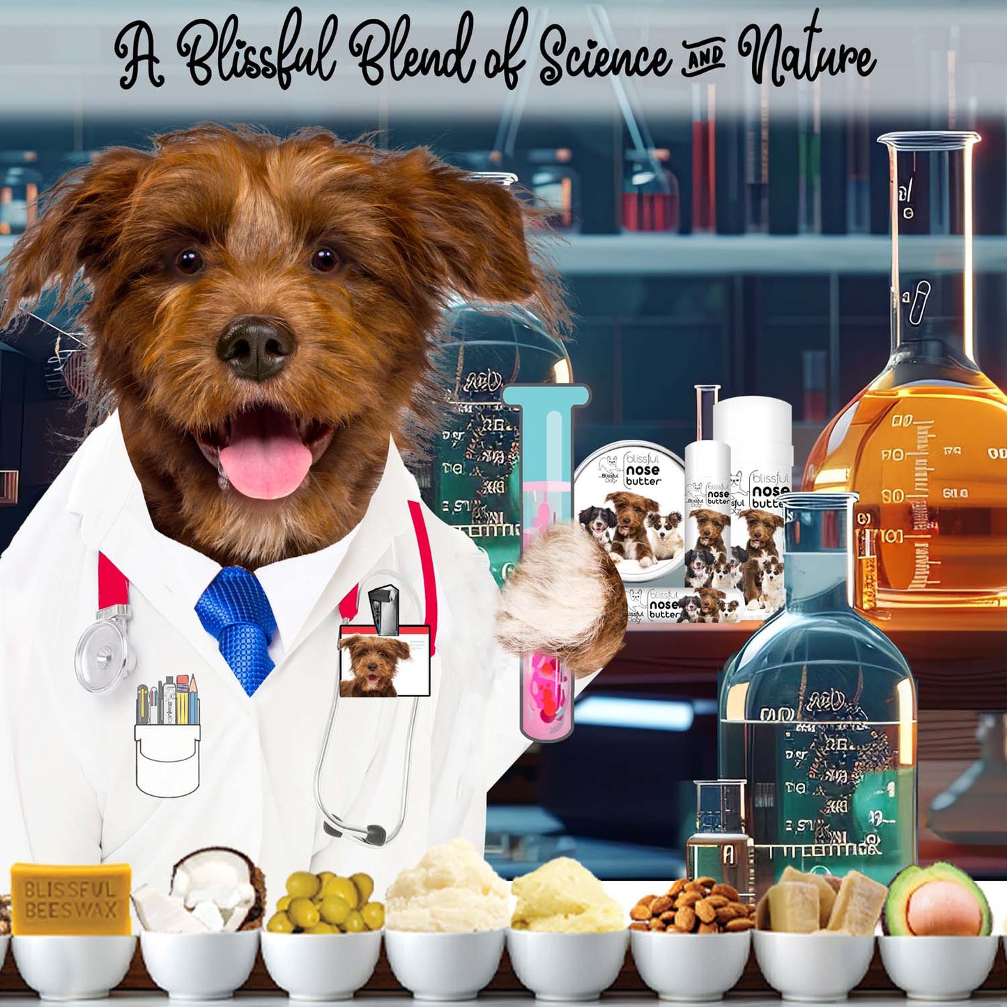 Dog in a lab coat with scientific equipment and food items, text 'A Blissful Blend of Science and Nature'.