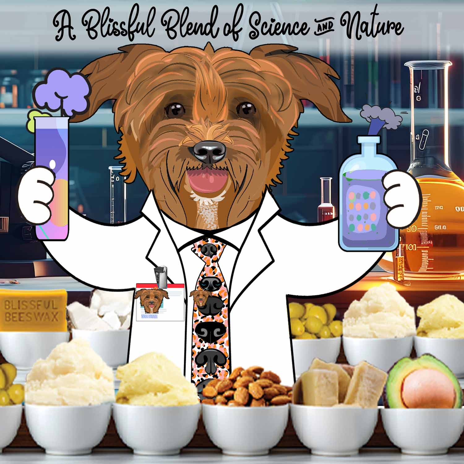Illustration of a dog in a lab coat with scientific equipment and food items, labeled 'A Blissful Blend of Science and Nature'.