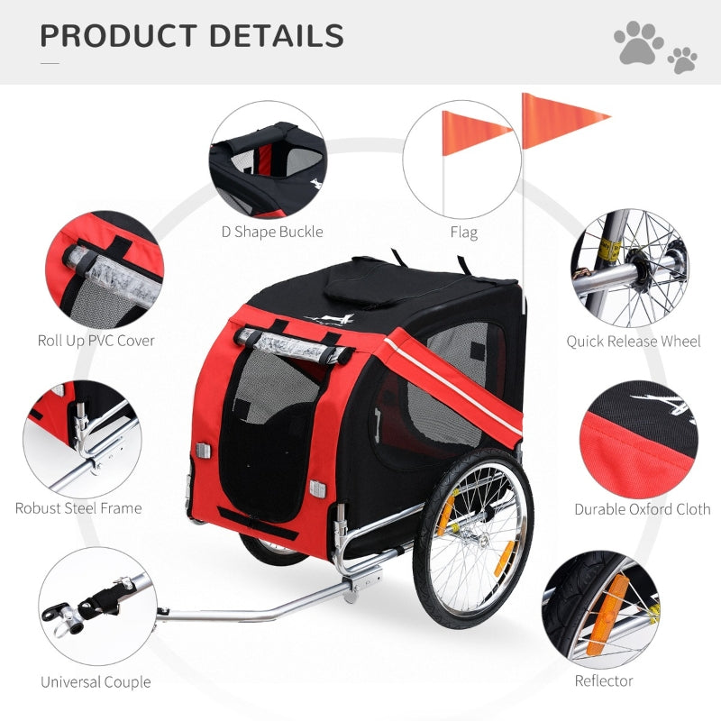 Red and black pet bike trailer with feature highlights on a white background