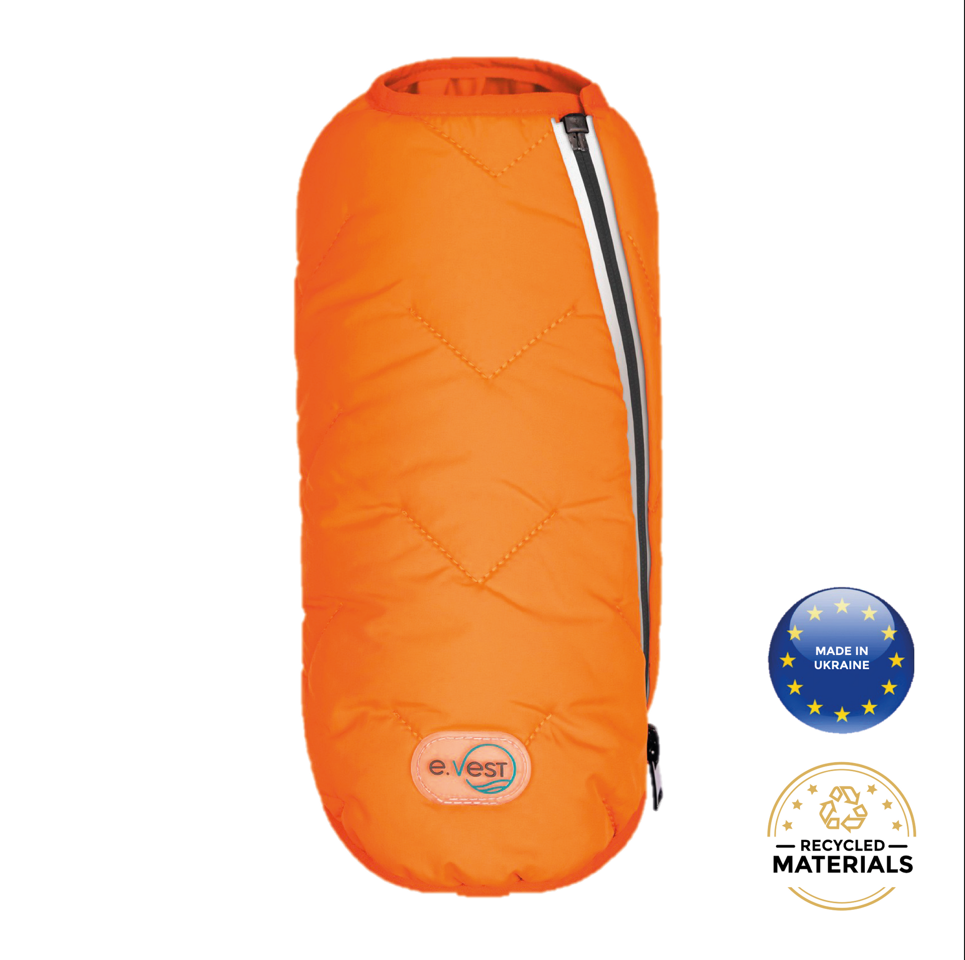 Orange sleeping bag with a visible brand logo and recycled materials label on a white background