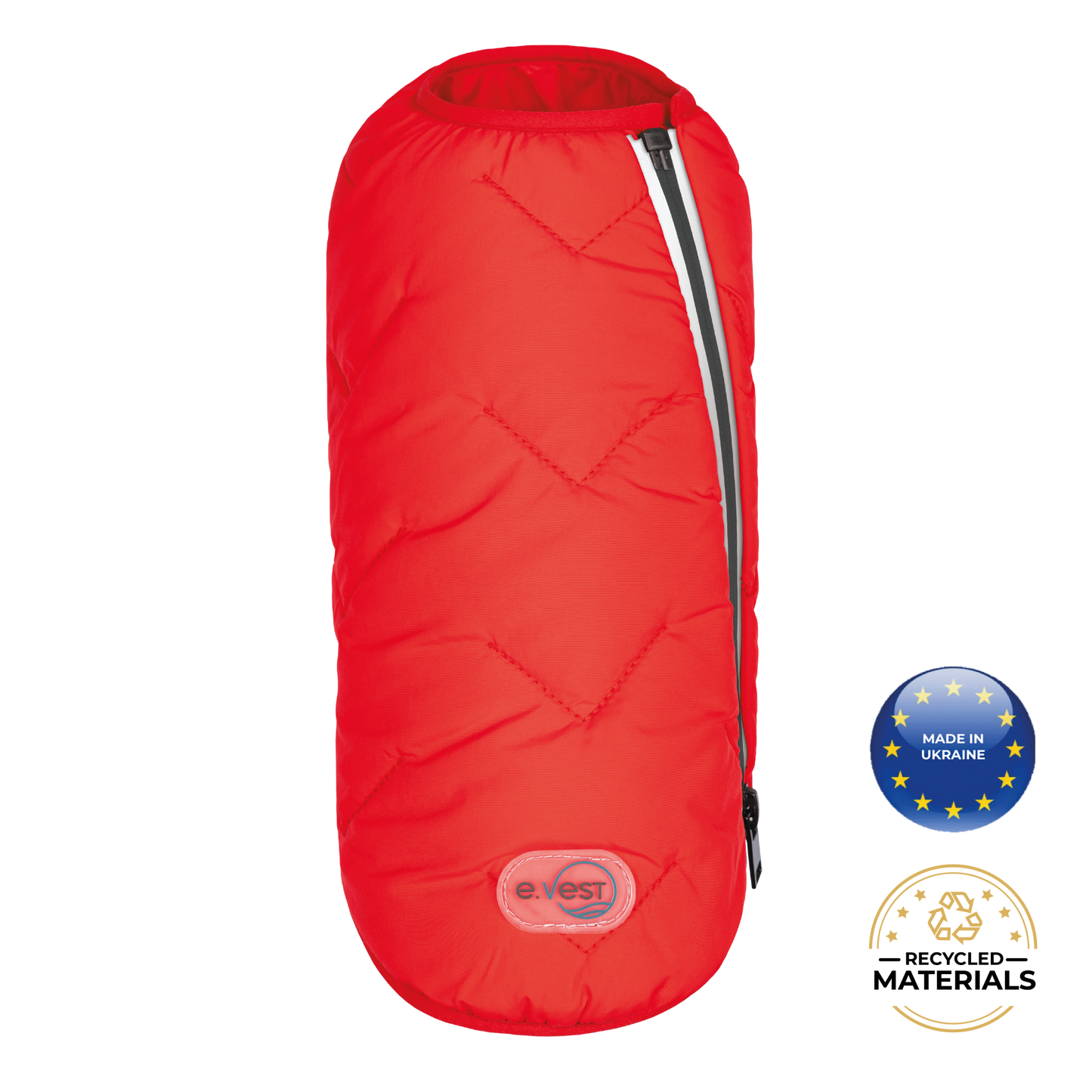 Red insulated backpack with visible brand logo and sustainability badges on a white background