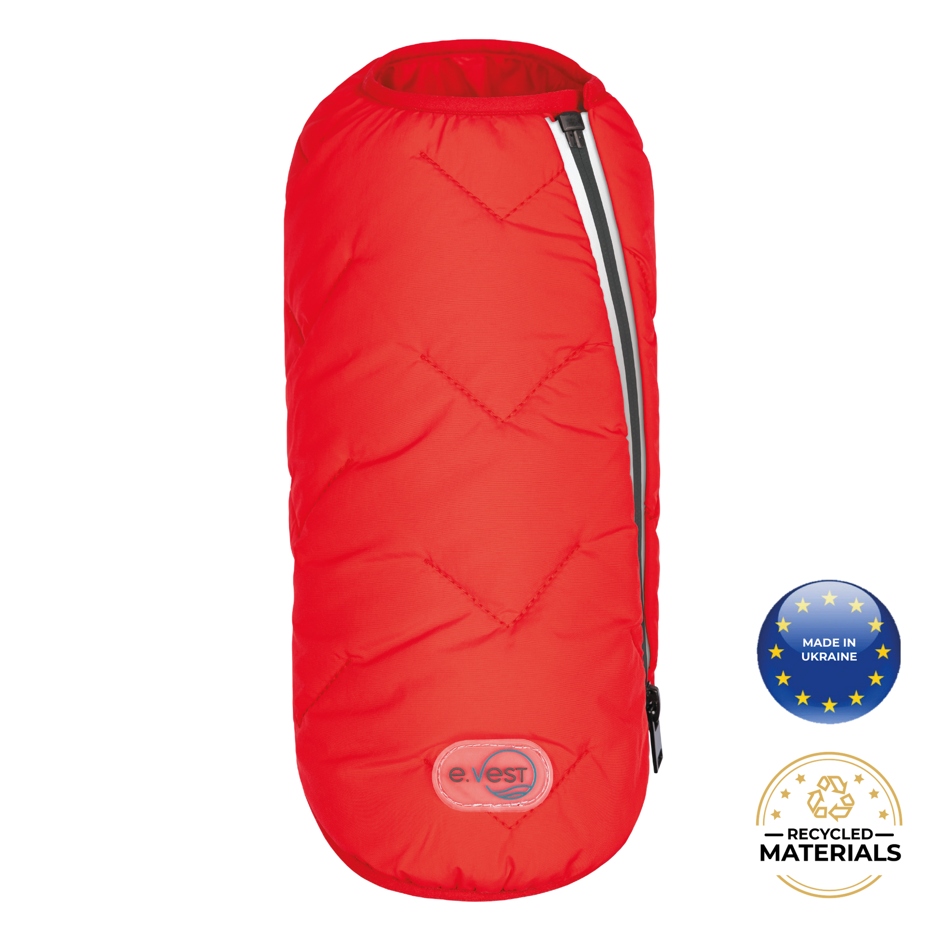 Red insulated backpack with visible brand logo and sustainability badges on a white background