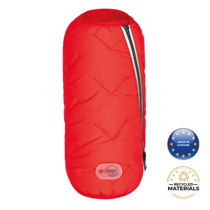 Red insulated backpack with visible brand logo and sustainability badges on a white background