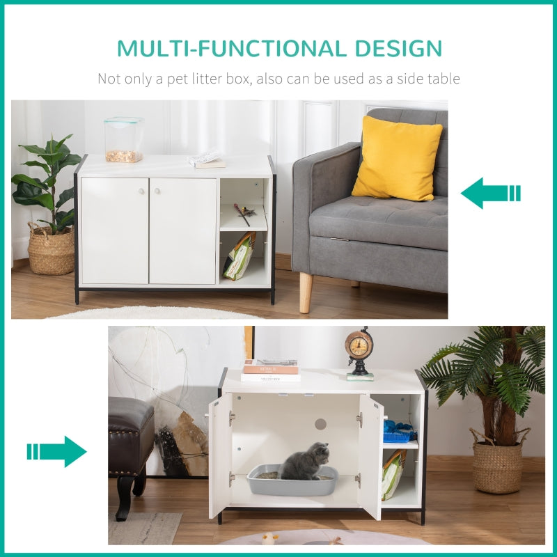 Multi-functional pet litter box and side table with a cat inside, surrounded by decor elements.