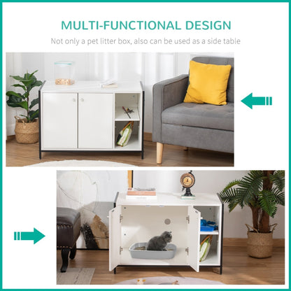 Multi-functional pet litter box and side table with a cat inside, surrounded by decor elements.