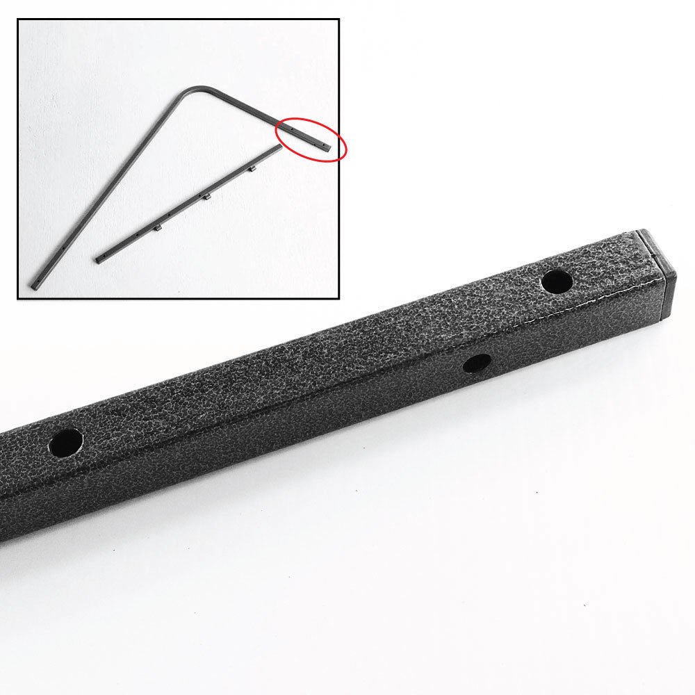 Long black metal bar with holes on a white background, inset showing a smaller metal rod.